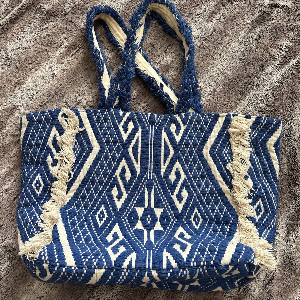 Altar'd State Anthropologie Boho Blue White Embroidered Tote Bag Purse